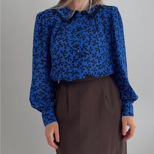 Vintage 80s Josephine Electric Blue Bow Print Blouse / Coquette Style S-M